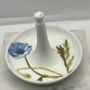 LIMOGES Vintage Porcelain Ring Holder Dish with Blue Poppy Flower Design